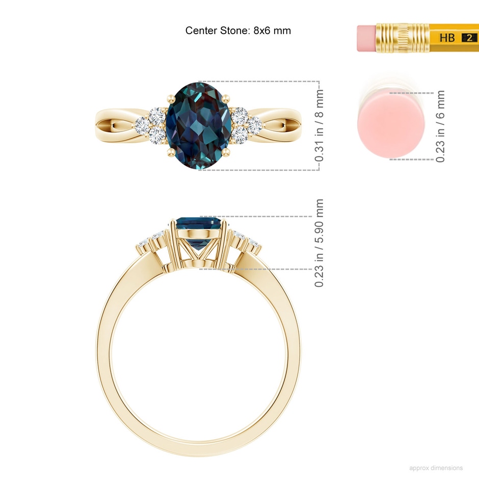8x6mm Labgrown Oval Lab-Grown Alexandrite Split Shank Ring with Trio Diamonds in 18K Yellow Gold ruler