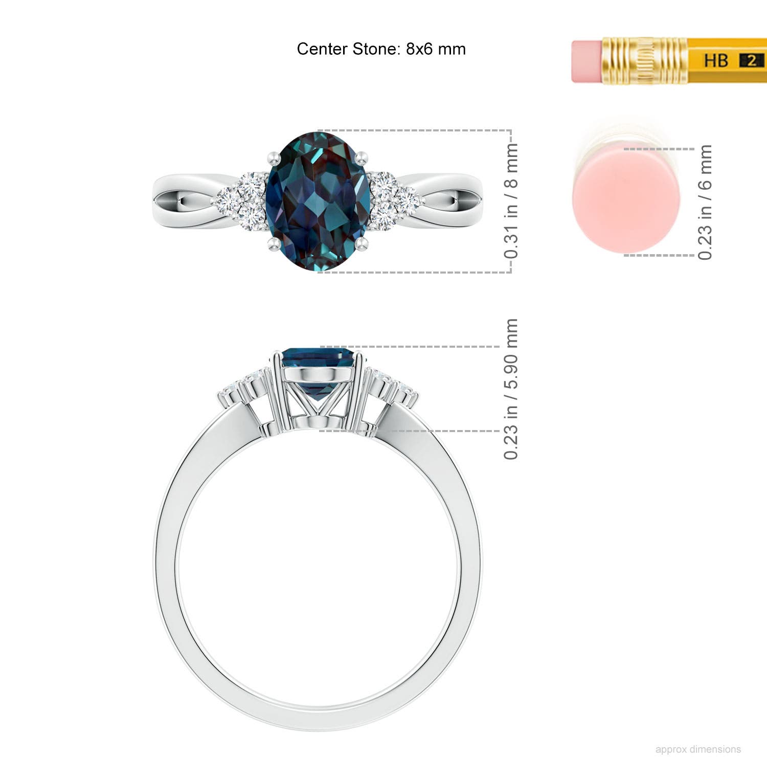 8x6mm Labgrown Oval Lab-Grown Alexandrite Split Shank Ring with Trio Diamonds in White Gold - ruler