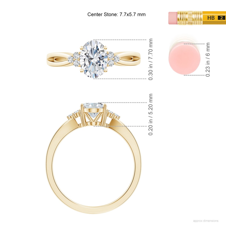 7.7x5.7mm FGVS Lab-Grown Solitaire Oval Diamond Split Shank Ring with Accents in Yellow Gold ruler