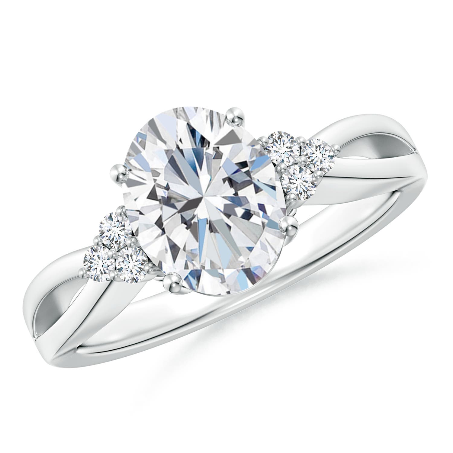 9x7mm FGVS Lab-Grown Solitaire Oval Diamond Split Shank Ring with Accents in 18CT White Gold