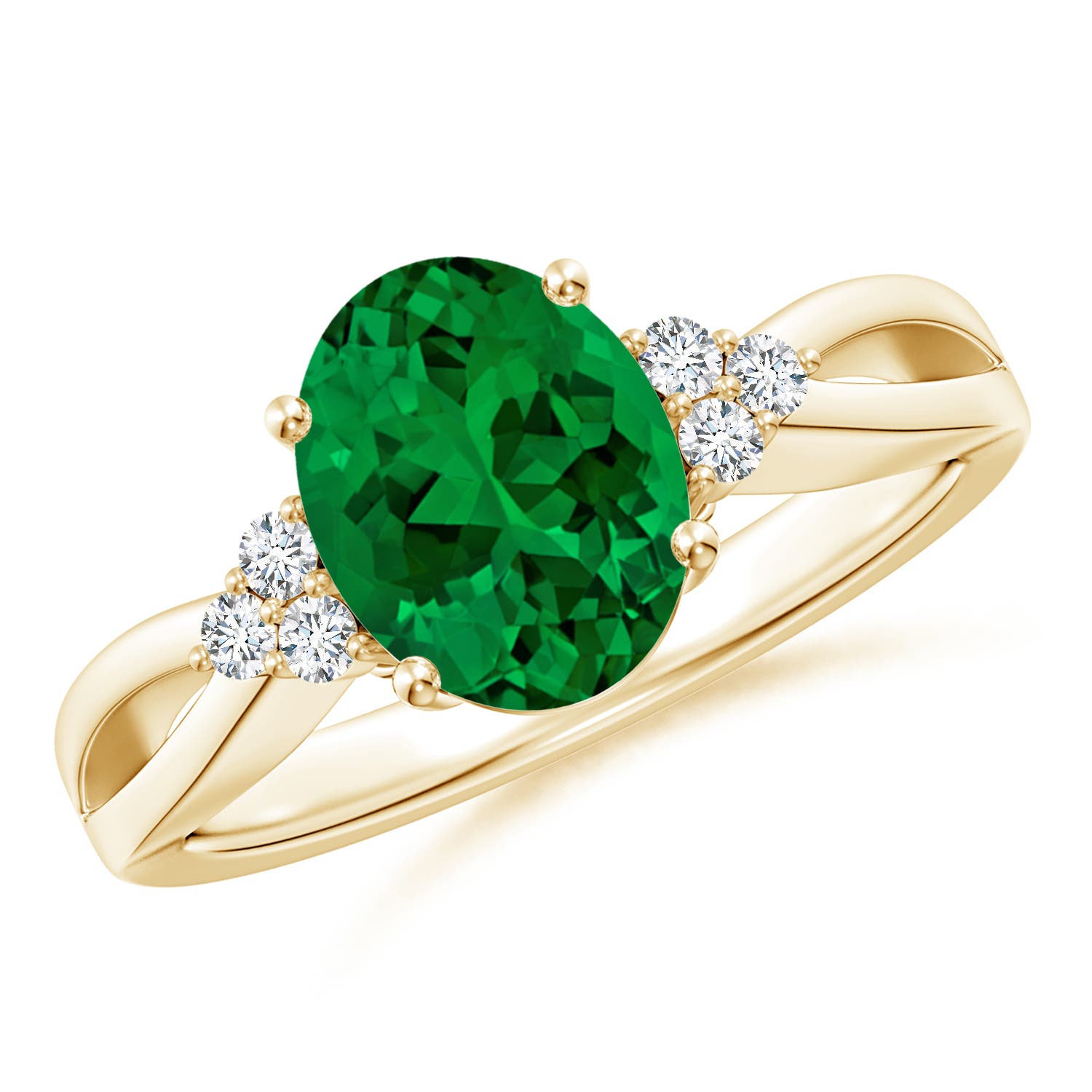 10x8mm Labgrown Lab-Grown Solitaire Oval Emerald Split Shank Ring with Trio Lab Diamonds in 18K Yellow Gold