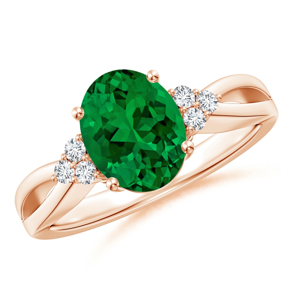 10x8mm Labgrown Lab-Grown Solitaire Oval Emerald Split Shank Ring with Trio Lab Diamonds in Rose Gold 
