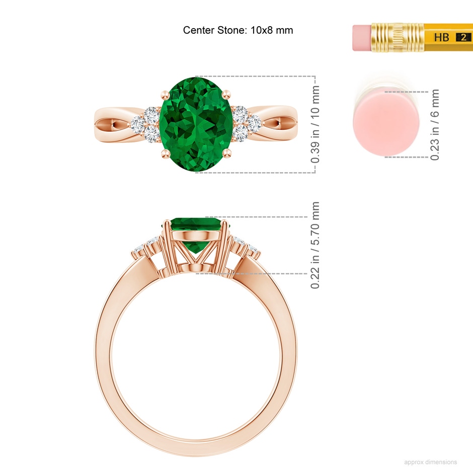 10x8mm Labgrown Lab-Grown Solitaire Oval Emerald Split Shank Ring with Trio Lab Diamonds in Rose Gold ruler