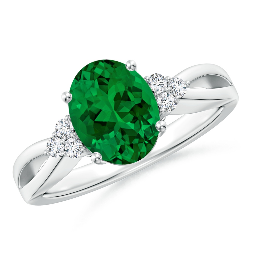 10x8mm Labgrown Lab-Grown Solitaire Oval Emerald Split Shank Ring with Trio Lab Diamonds in S999 Silver