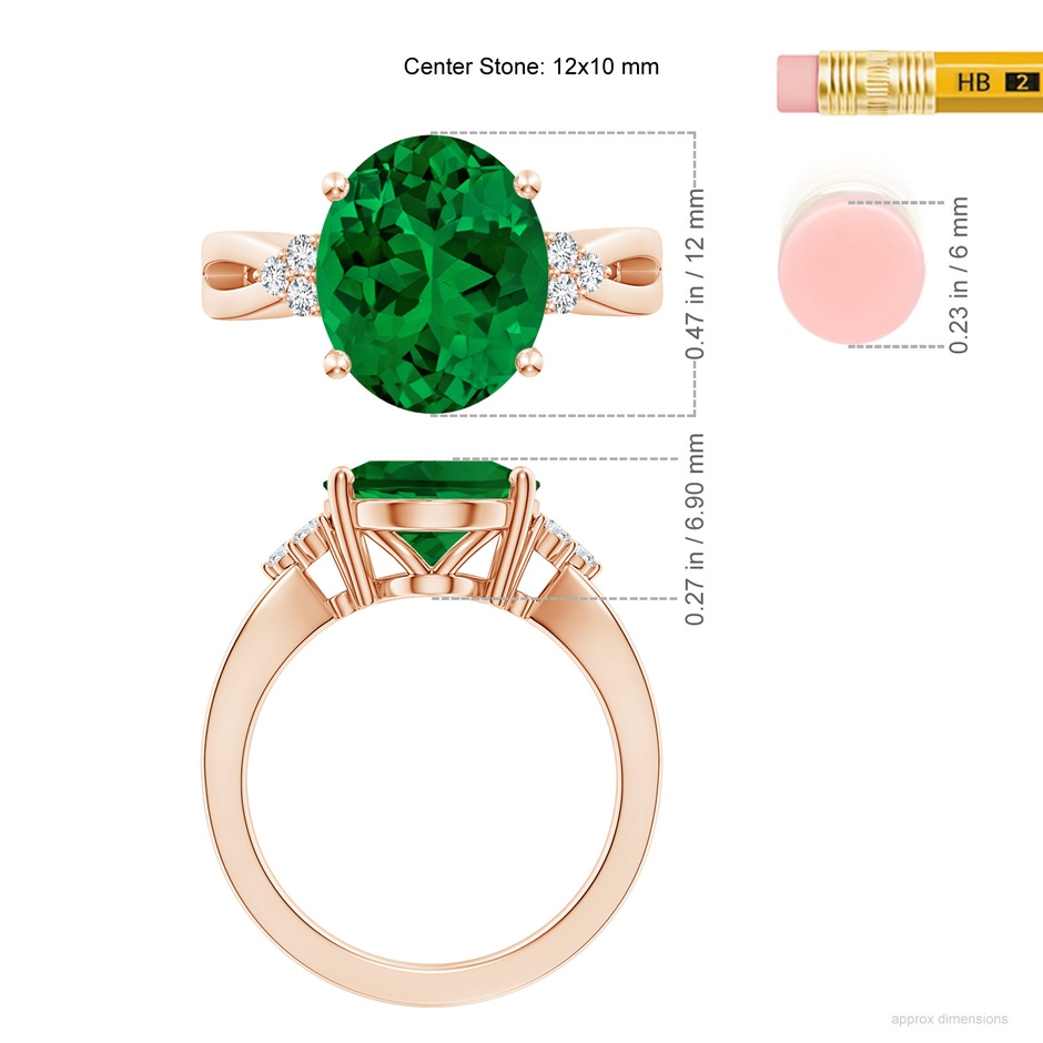 12x10mm Labgrown Lab-Grown Solitaire Oval Emerald Split Shank Ring with Trio Lab Diamonds in 18K Rose Gold ruler