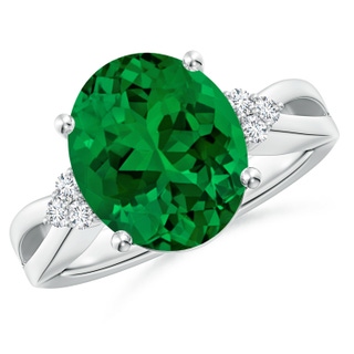 12x10mm Labgrown Lab-Grown Solitaire Oval Emerald Split Shank Ring with Trio Lab Diamonds in P950 Platinum