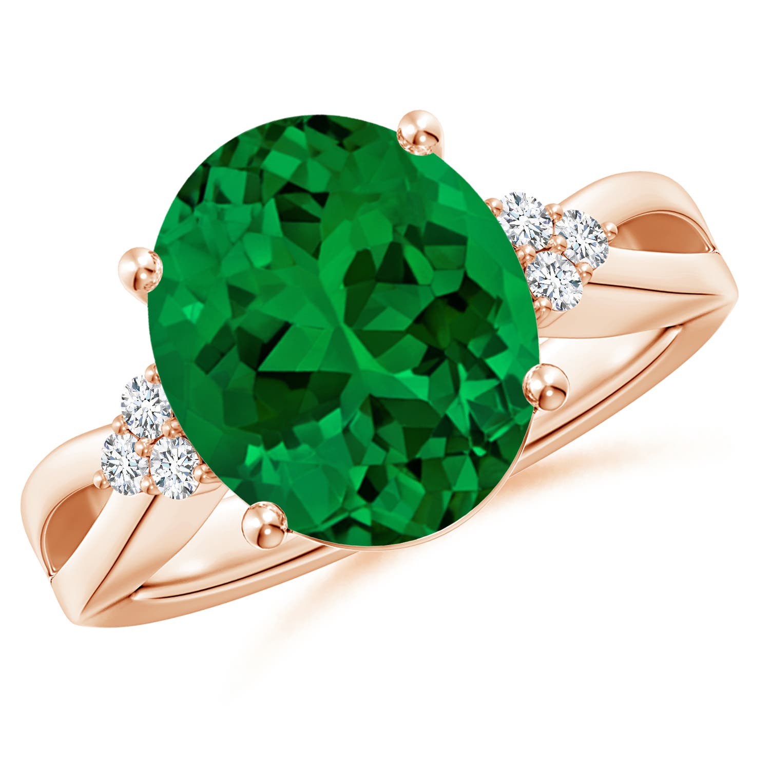 12x10mm Labgrown Lab-Grown Solitaire Oval Emerald Split Shank Ring with Trio Lab Diamonds in Rose Gold