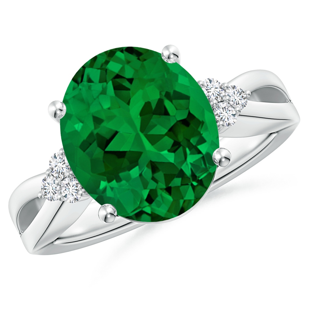 12x10mm Labgrown Lab-Grown Solitaire Oval Emerald Split Shank Ring with Trio Lab Diamonds in S999 Silver