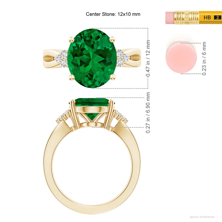 12x10mm Labgrown Lab-Grown Solitaire Oval Emerald Split Shank Ring with Trio Lab Diamonds in Yellow Gold ruler