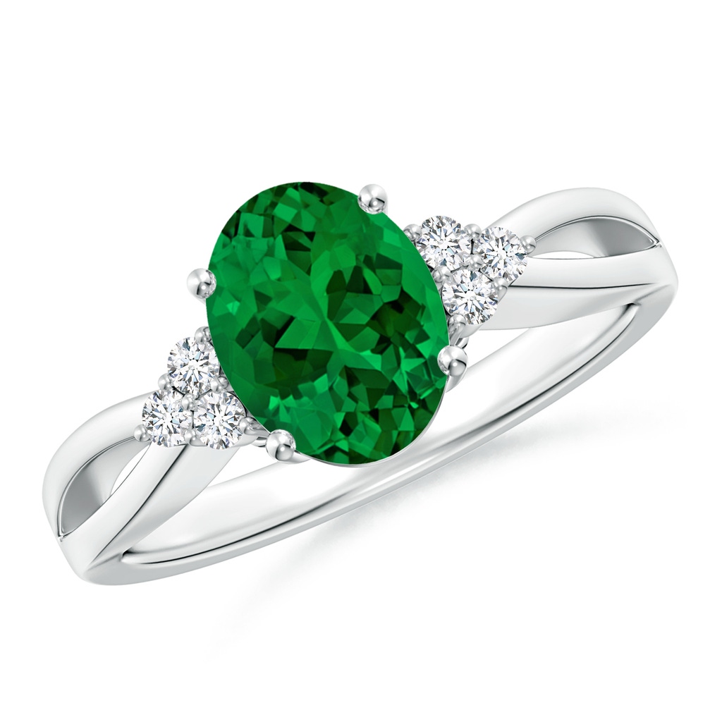 9x7mm Labgrown Lab-Grown Solitaire Oval Emerald Split Shank Ring with Trio Lab Diamonds in White Gold