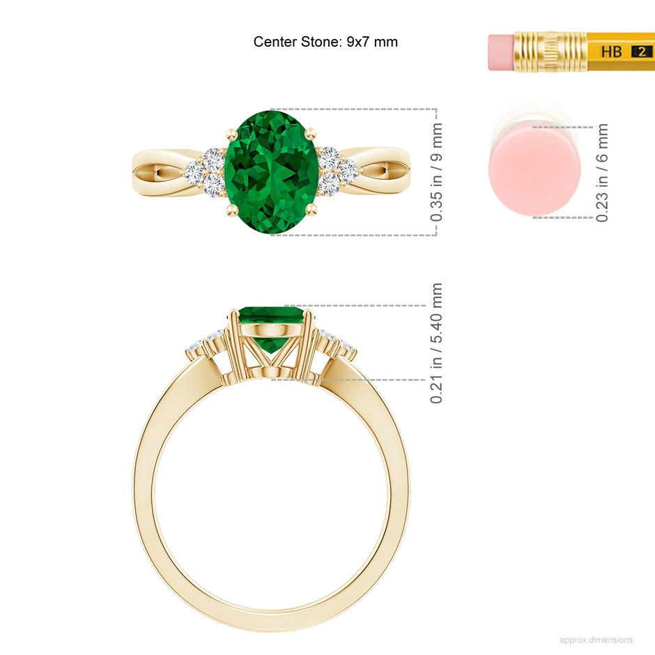 9x7mm Labgrown Lab-Grown Solitaire Oval Emerald Split Shank Ring with Trio Lab Diamonds in Yellow Gold ruler