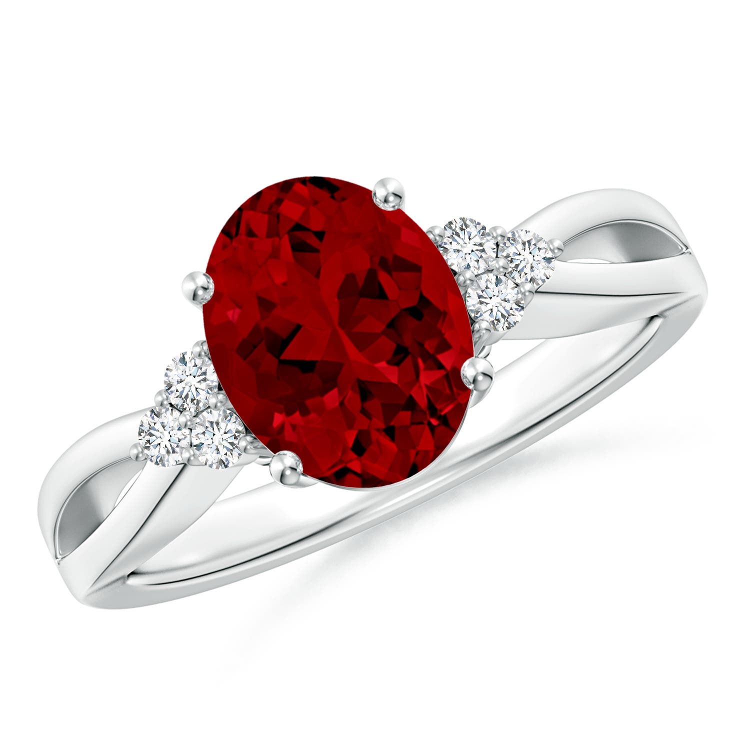 10x8mm Labgrown Lab-Grown Solitaire Oval Ruby Split Shank Ring with Trio Lab Diamonds in 18K White Gold