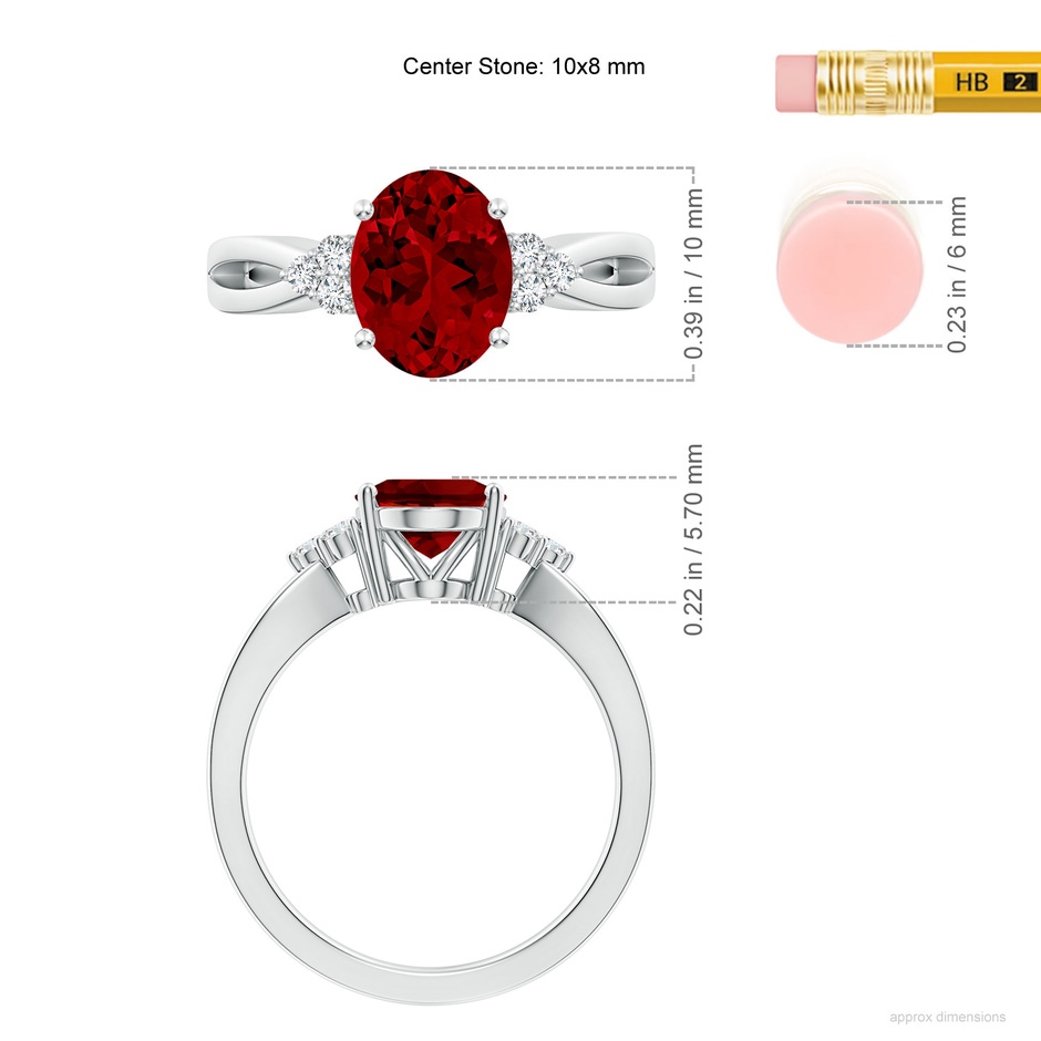 10x8mm Labgrown Lab-Grown Solitaire Oval Ruby Split Shank Ring with Trio Lab Diamonds in P950 Platinum ruler