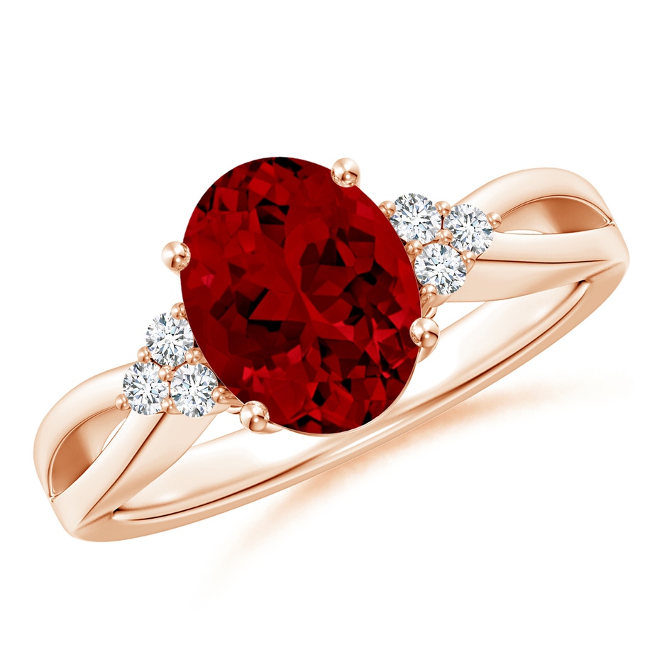 10x8mm Labgrown Lab-Grown Solitaire Oval Ruby Split Shank Ring with Trio Lab Diamonds in Rose Gold 