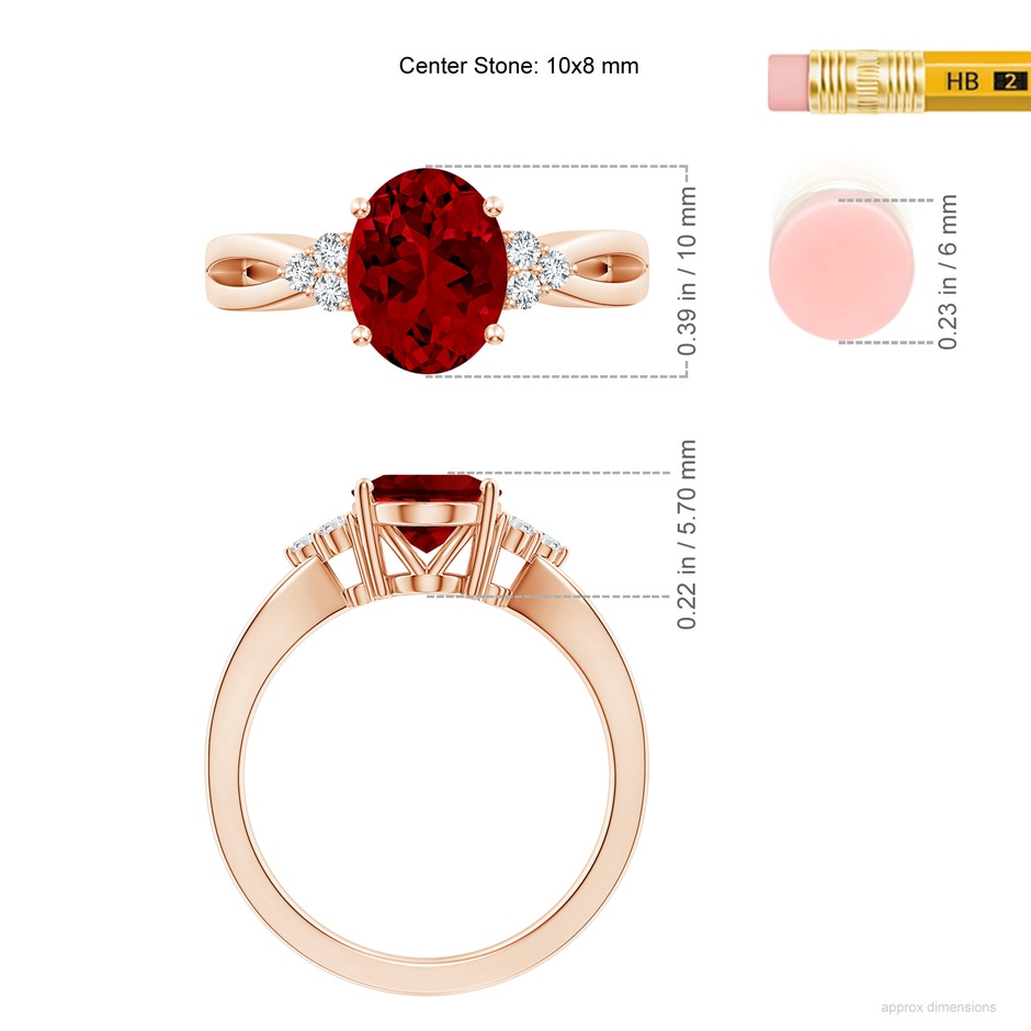 10x8mm Labgrown Lab-Grown Solitaire Oval Ruby Split Shank Ring with Trio Lab Diamonds in Rose Gold ruler