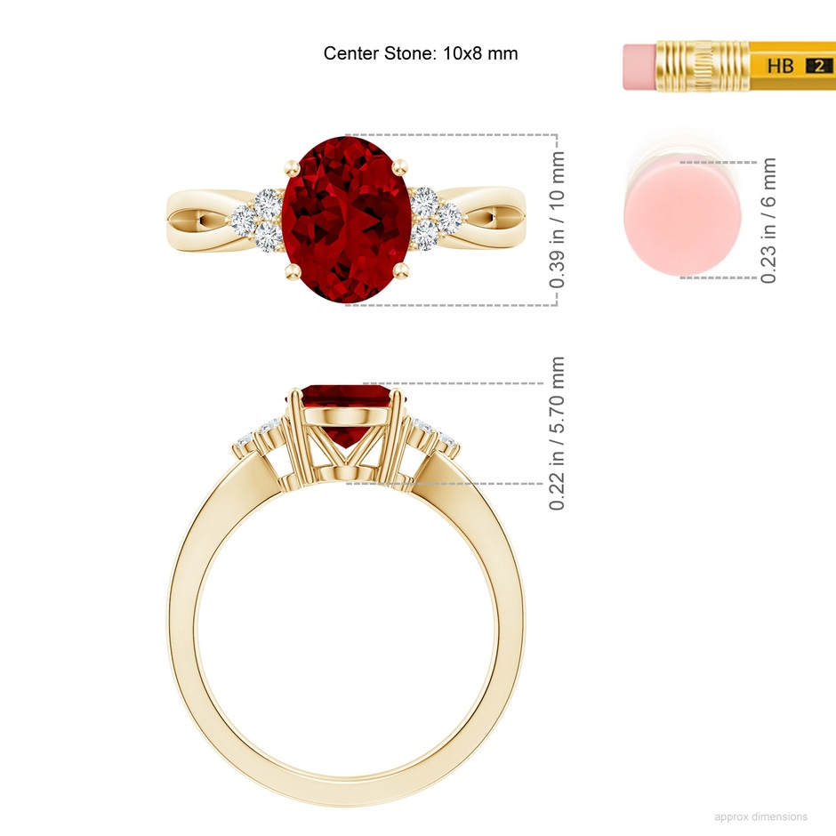 10x8mm Labgrown Lab-Grown Solitaire Oval Ruby Split Shank Ring with Trio Lab Diamonds in Yellow Gold ruler