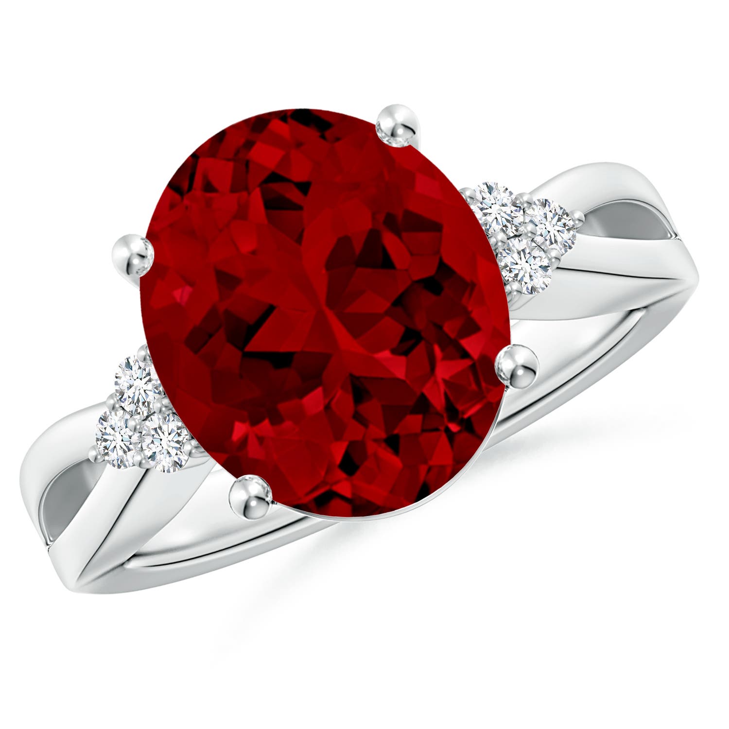 12x10mm Labgrown Lab-Grown Solitaire Oval Ruby Split Shank Ring with Trio Lab Diamonds in 18K White Gold