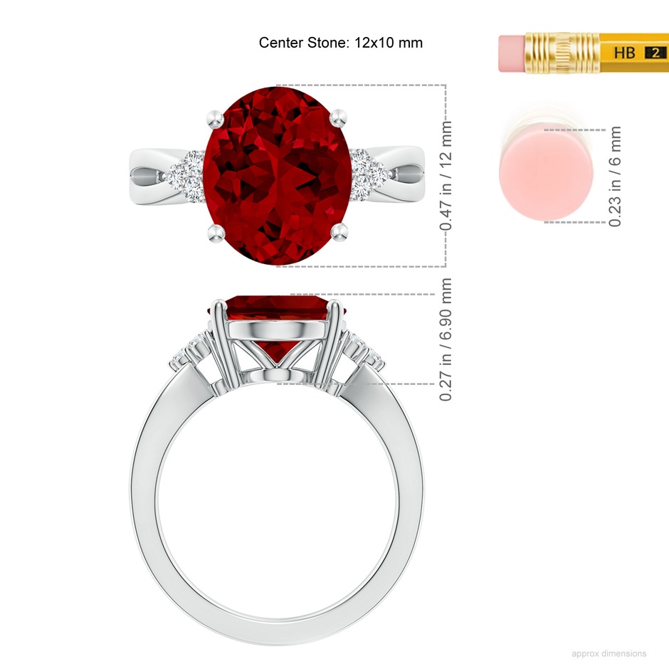 12x10mm Labgrown Lab-Grown Solitaire Oval Ruby Split Shank Ring with Trio Lab Diamonds in P950 Platinum ruler