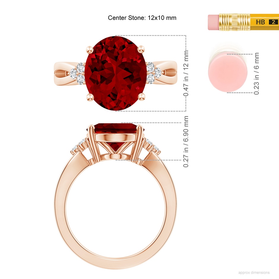 12x10mm Labgrown Lab-Grown Solitaire Oval Ruby Split Shank Ring with Trio Lab Diamonds in Rose Gold ruler