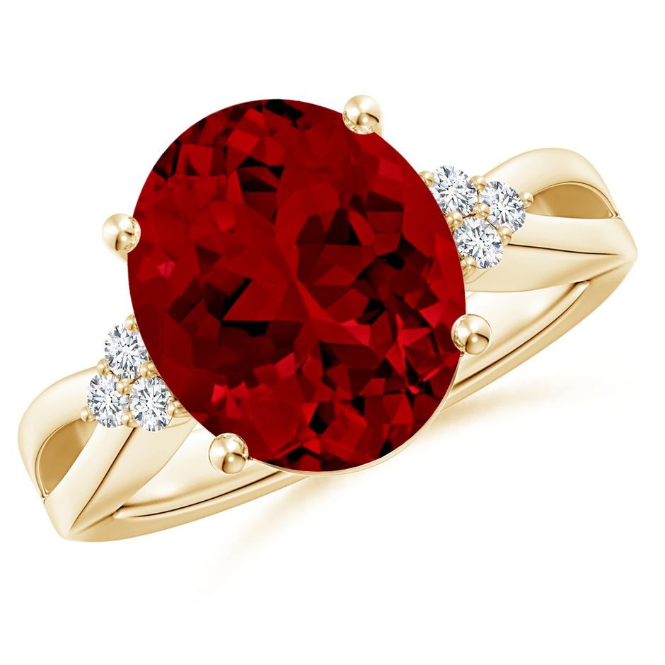 12x10mm Labgrown Lab-Grown Solitaire Oval Ruby Split Shank Ring with Trio Lab Diamonds in Yellow Gold 