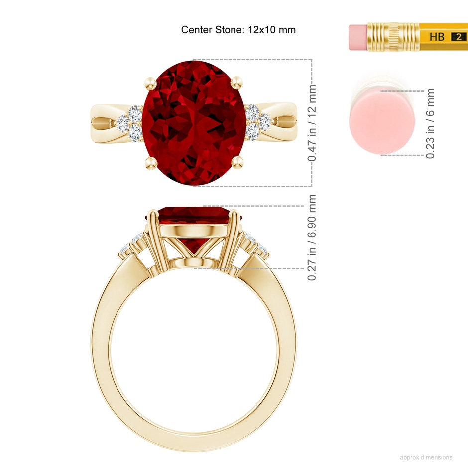 12x10mm Labgrown Lab-Grown Solitaire Oval Ruby Split Shank Ring with Trio Lab Diamonds in Yellow Gold ruler