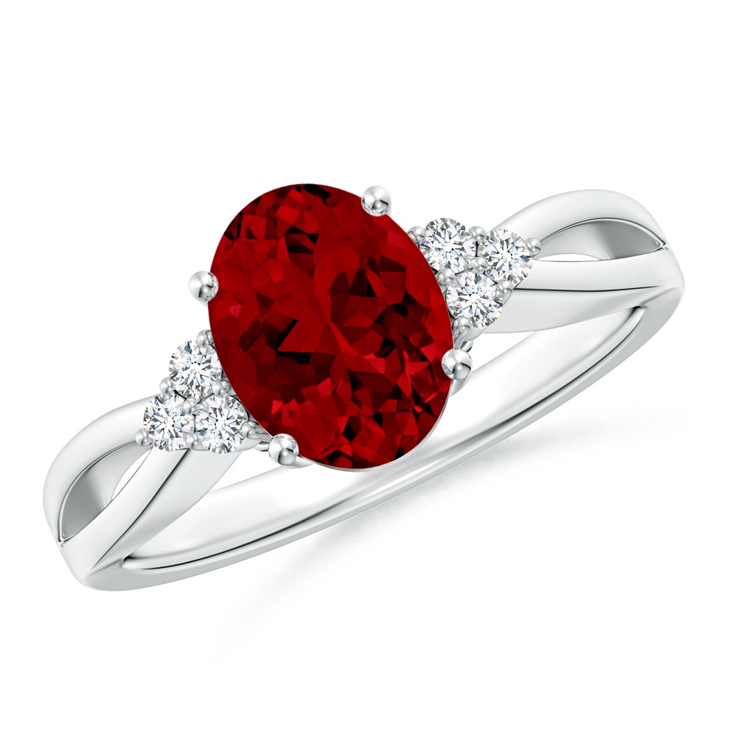 9x7mm Labgrown Lab-Grown Solitaire Oval Ruby Split Shank Ring with Trio Lab Diamonds in White Gold