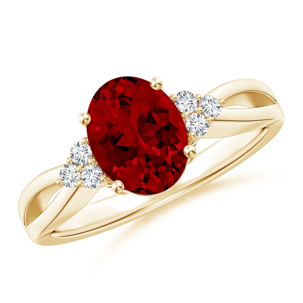 9x7mm Labgrown Lab-Grown Solitaire Oval Ruby Split Shank Ring with Trio Lab Diamonds in Yellow Gold