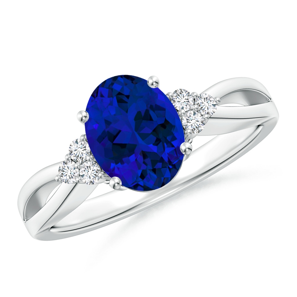 9x7mm Labgrown Lab-Grown Solitaire Oval Blue Sapphire Split Shank Ring with Trio Lab Diamonds in White Gold
