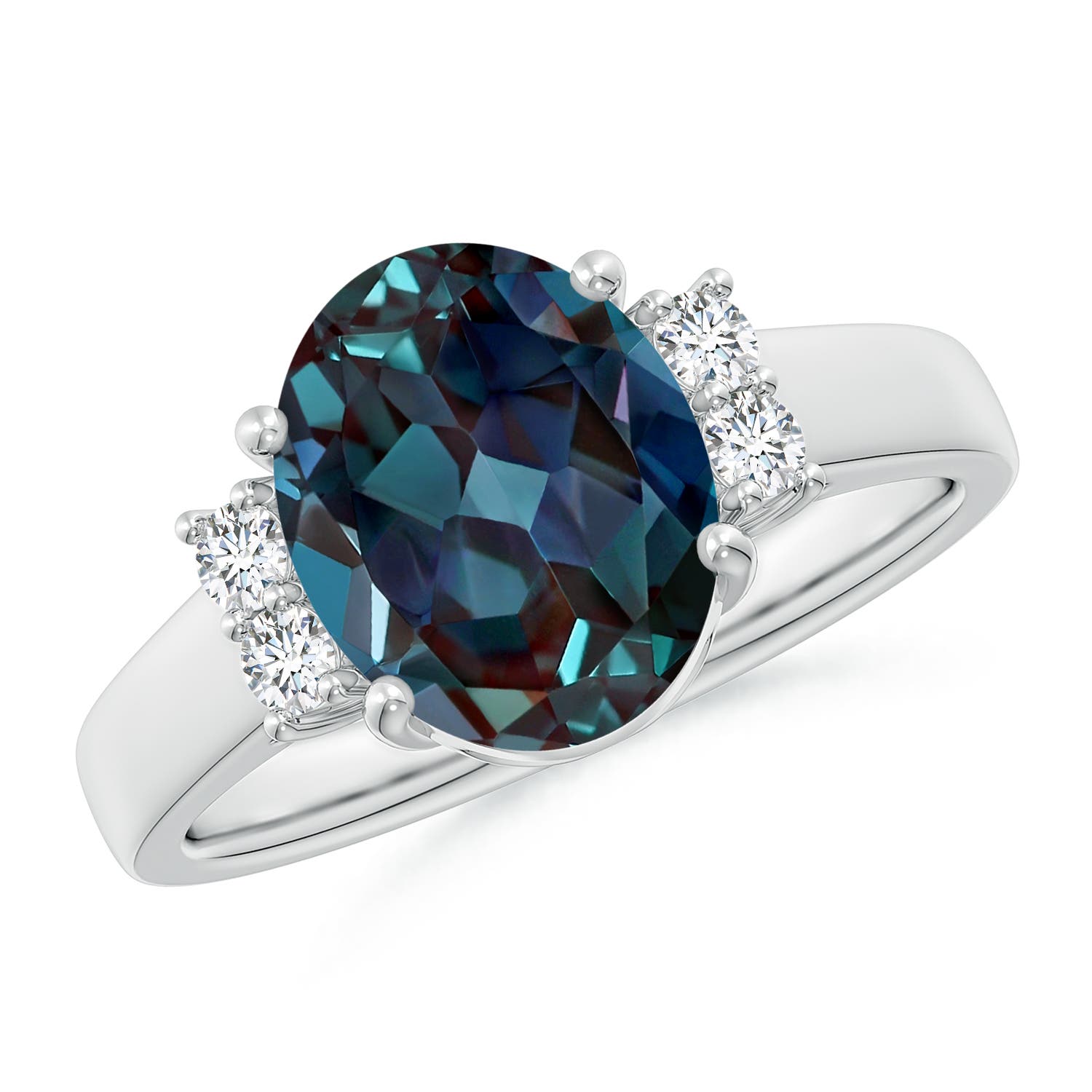 10x8mm Labgrown Oval-Shaped Lab-Grown Alexandrite Solitaire Ring with Diamond Accents in 18K White Gold