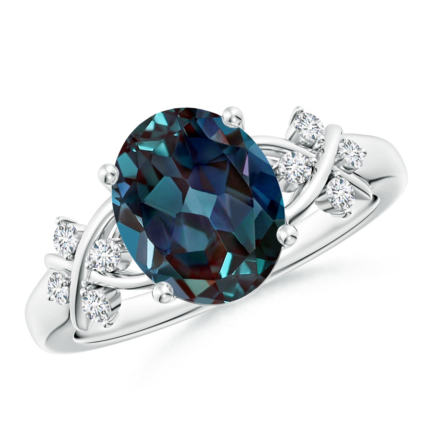 10x8mm Labgrown Solitaire Oval Lab-Grown Alexandrite Criss Cross Ring with Diamonds in 18K White Gold