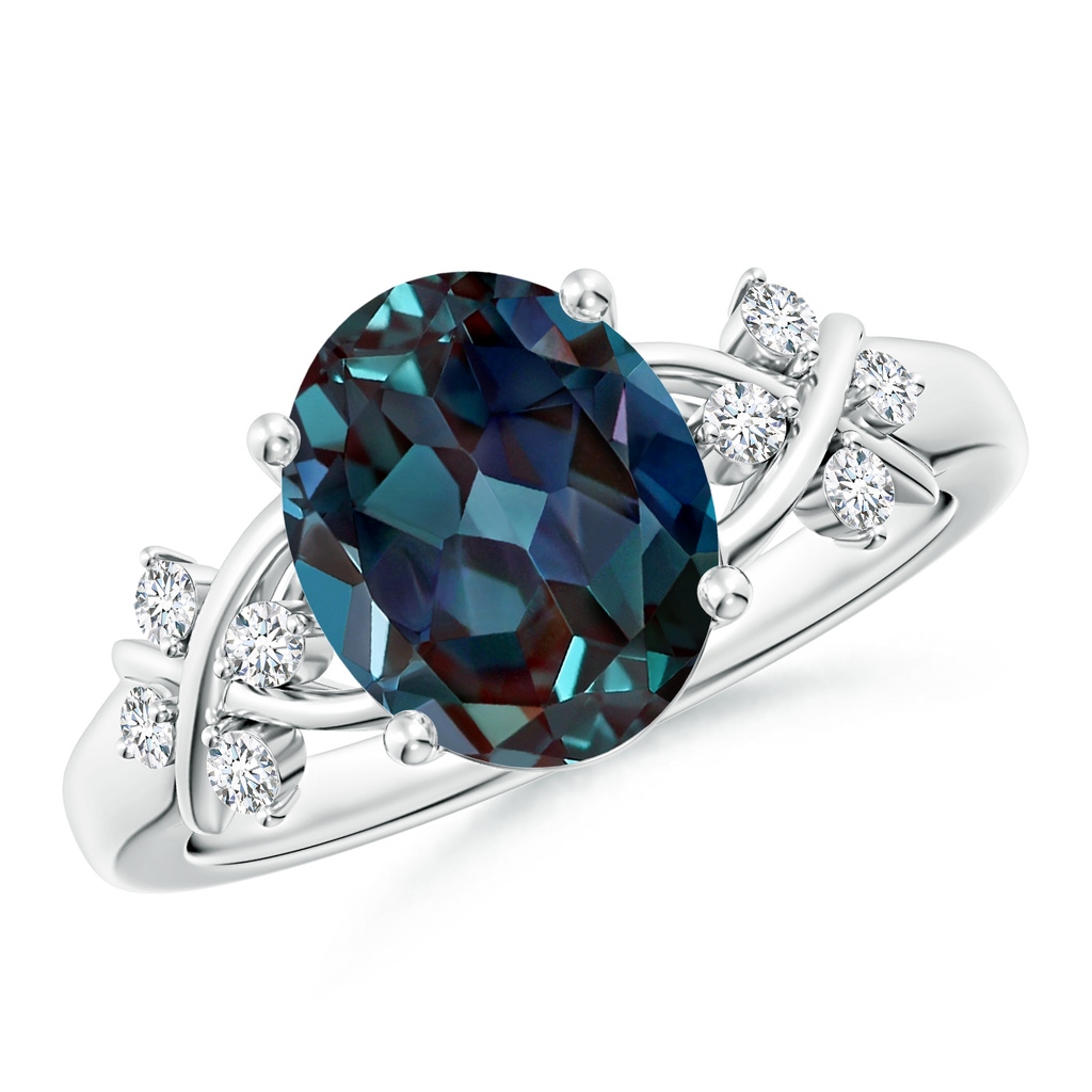 10x8mm Labgrown Solitaire Oval Lab-Grown Alexandrite Criss Cross Ring with Diamonds in P950 Platinum