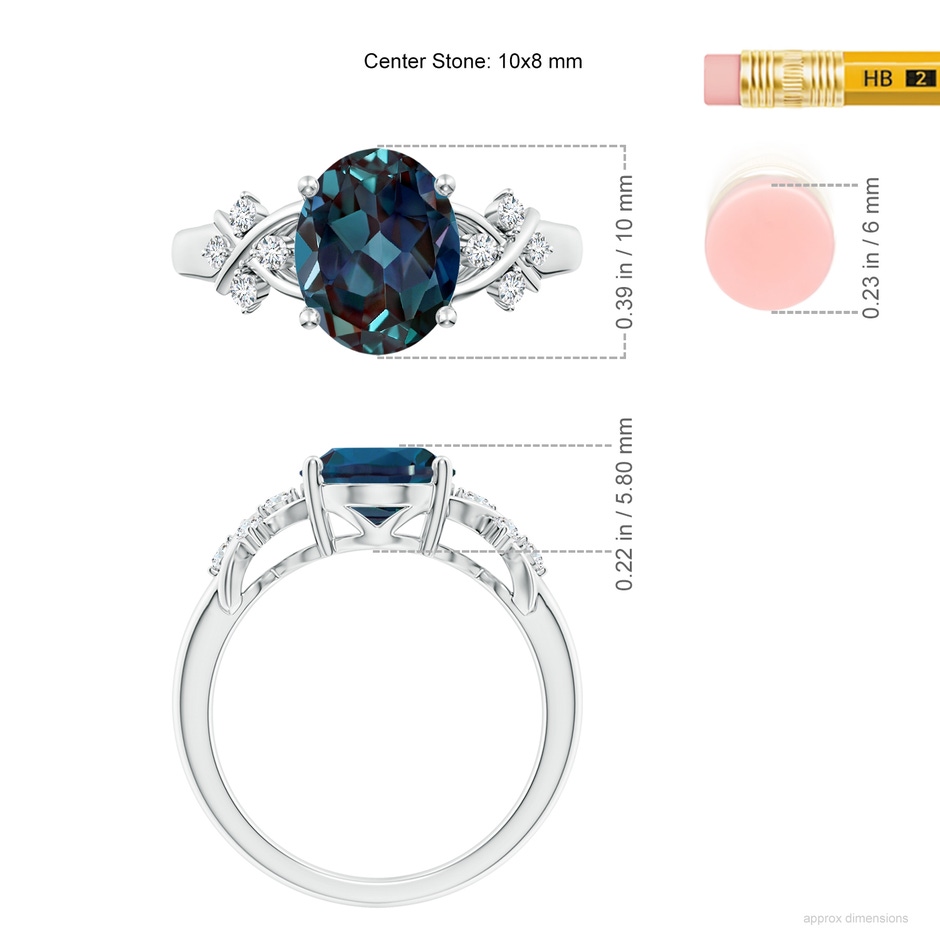 10x8mm Labgrown Solitaire Oval Lab-Grown Alexandrite Criss Cross Ring with Diamonds in P950 Platinum ruler