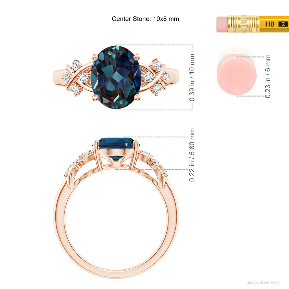 10x8mm Labgrown Solitaire Oval Lab-Grown Alexandrite Criss Cross Ring with Diamonds in Rose Gold ruler