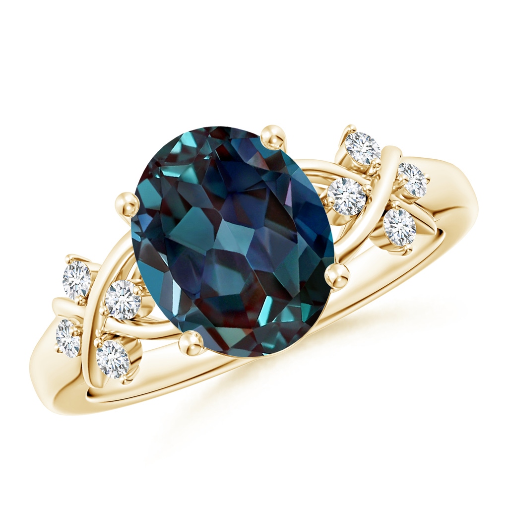 10x8mm Labgrown Solitaire Oval Lab-Grown Alexandrite Criss Cross Ring with Diamonds in Yellow Gold