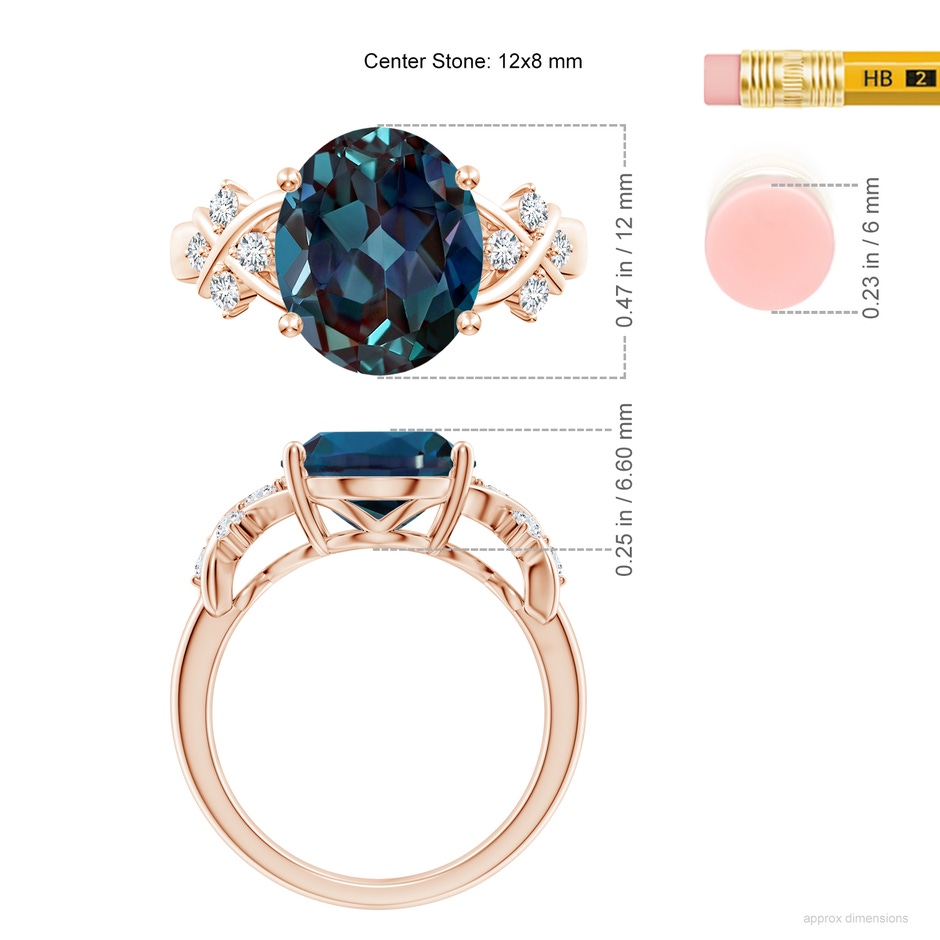 12x10mm Labgrown Solitaire Oval Lab-Grown Alexandrite Criss Cross Ring with Diamonds in 18K Rose Gold ruler