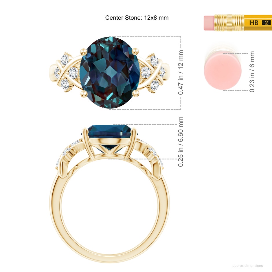 12x10mm Labgrown Solitaire Oval Lab-Grown Alexandrite Criss Cross Ring with Diamonds in Yellow Gold ruler