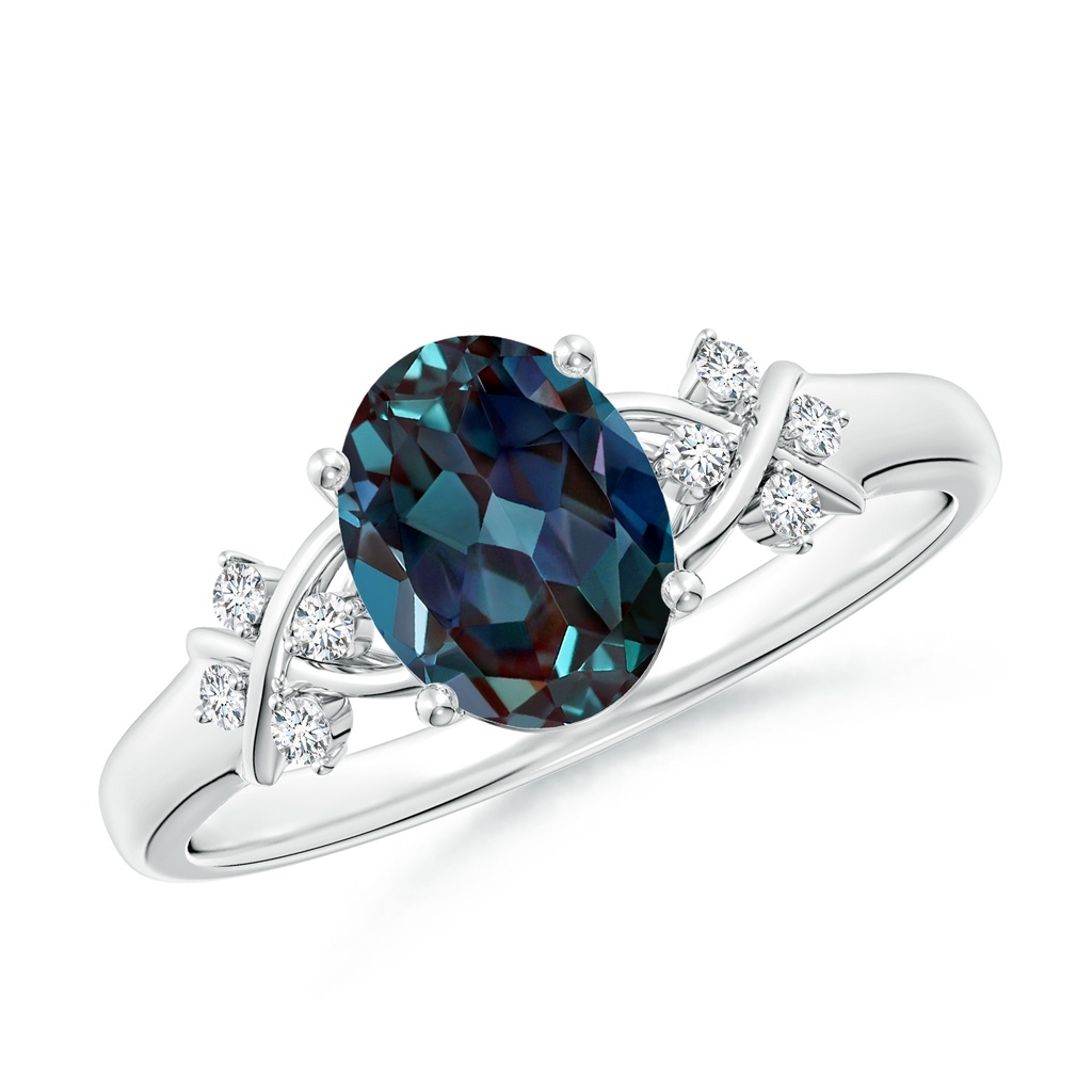 8x6mm Labgrown Solitaire Oval Lab-Grown Alexandrite Criss Cross Ring with Diamonds in White Gold