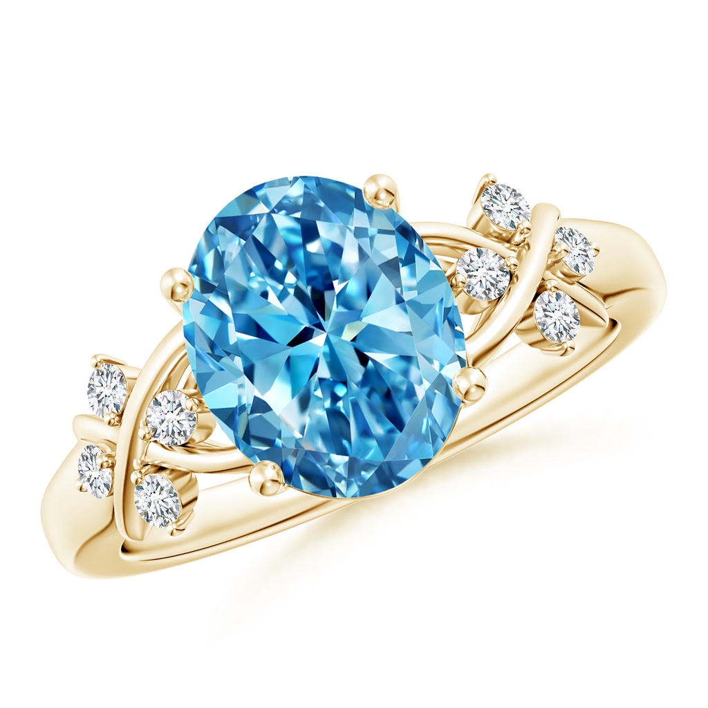 10x8mm Labgrown Solitaire Oval Lab-Grown Fancy Intense Blue Diamond Criss Cross Ring in Yellow Gold