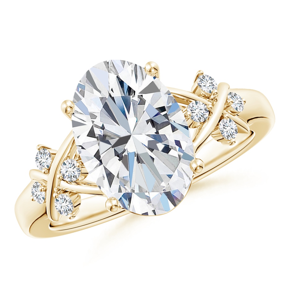 12x8mm FGVS Lab-Grown Solitaire Oval Diamond Criss Cross Ring with Diamonds in Yellow Gold 