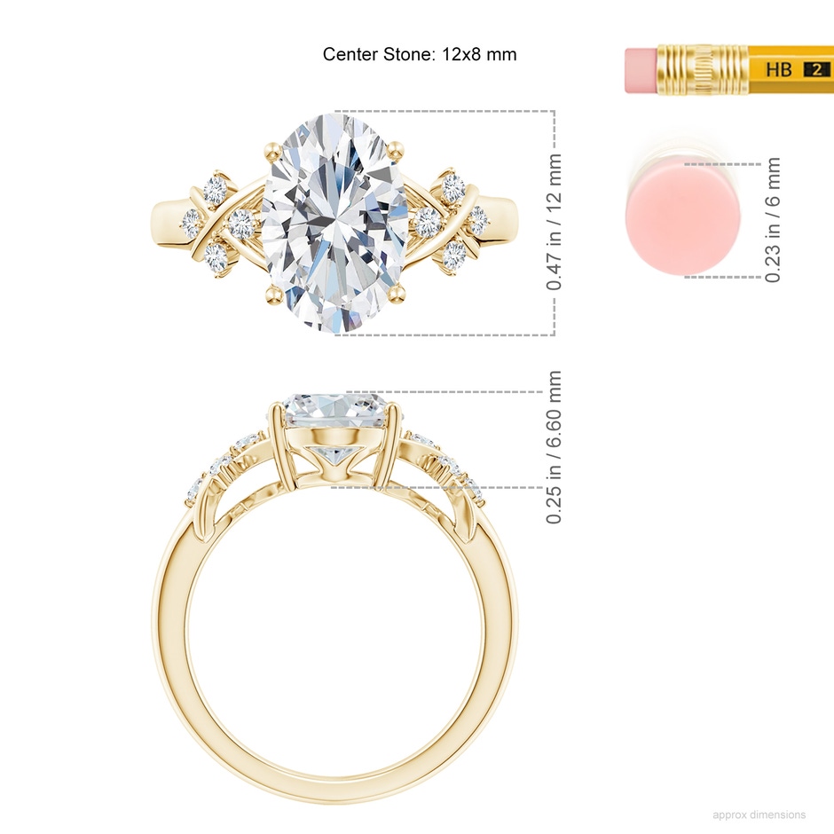 12x8mm FGVS Lab-Grown Solitaire Oval Diamond Criss Cross Ring with Diamonds in Yellow Gold ruler