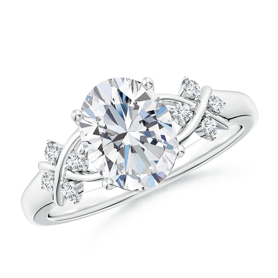 9x7mm FGVS Lab-Grown Solitaire Oval Diamond Criss Cross Ring with Diamonds in P950 Platinum 