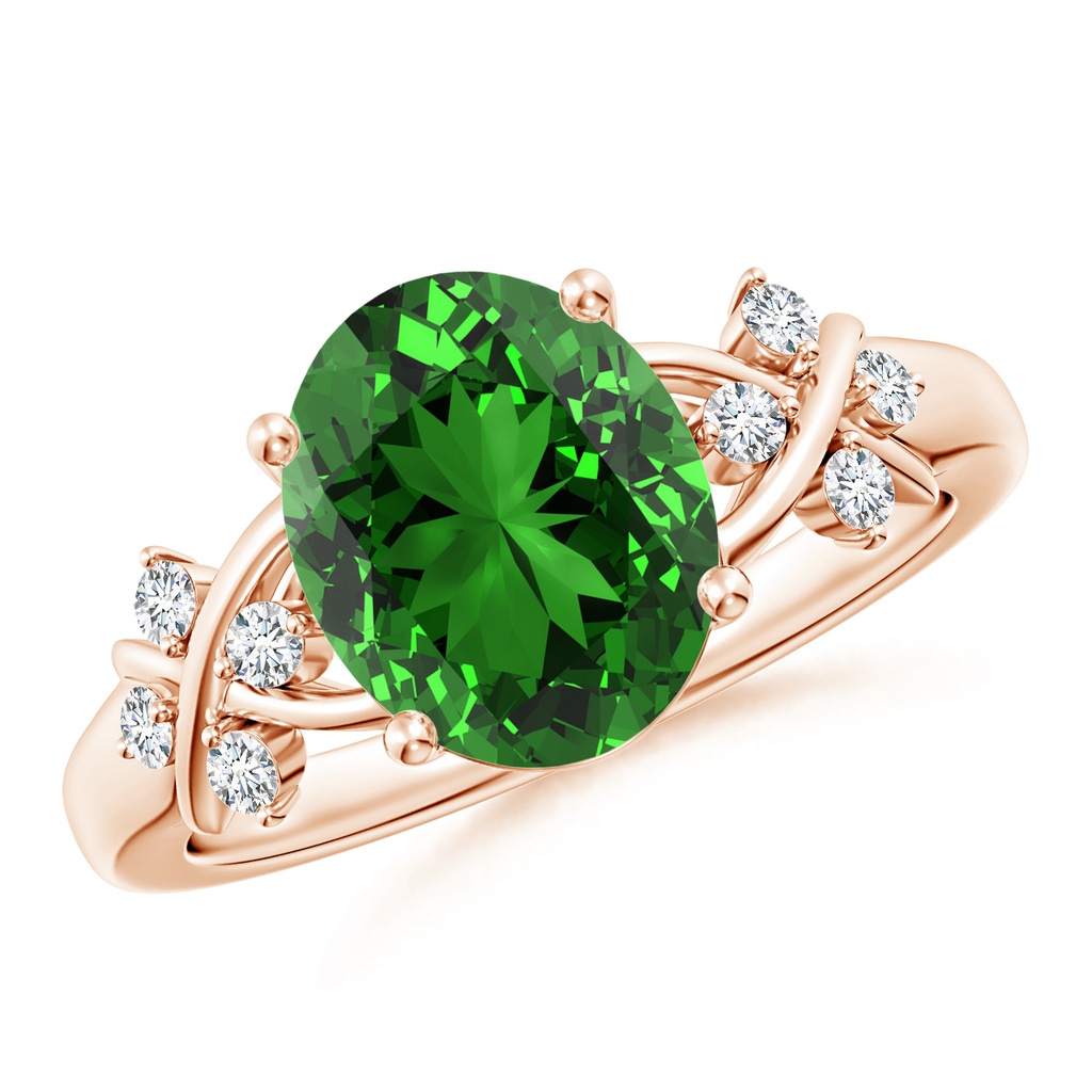 10x8mm Labgrown Lab-Grown Solitaire Oval Emerald Criss Cross Ring with Diamonds in Rose Gold