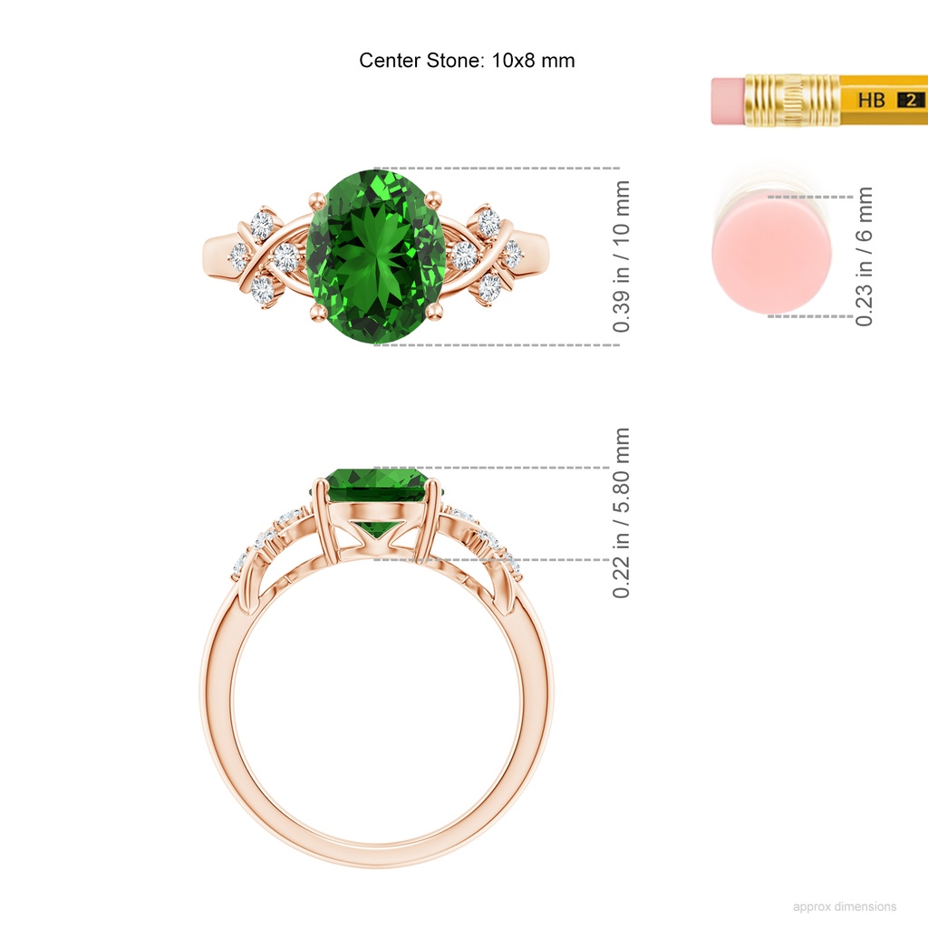 10x8mm Labgrown Lab-Grown Solitaire Oval Emerald Criss Cross Ring with Diamonds in Rose Gold ruler