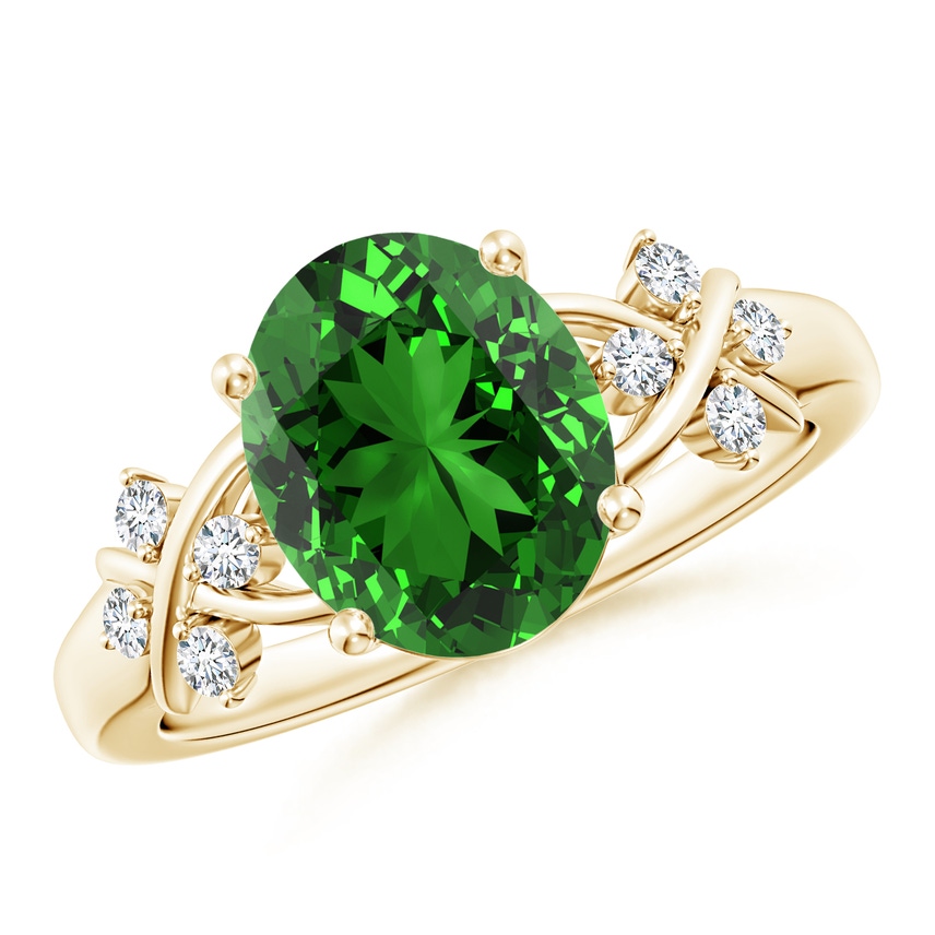 Lab-Grown Solitaire Oval Emerald Criss Cross Ring with Diamonds