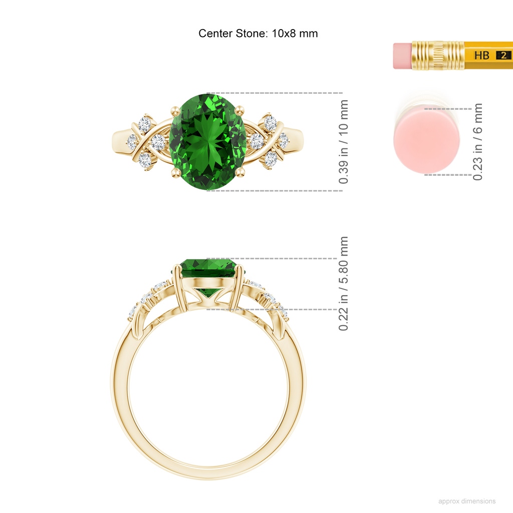 10x8mm Labgrown Lab-Grown Solitaire Oval Emerald Criss Cross Ring with Diamonds in Yellow Gold ruler