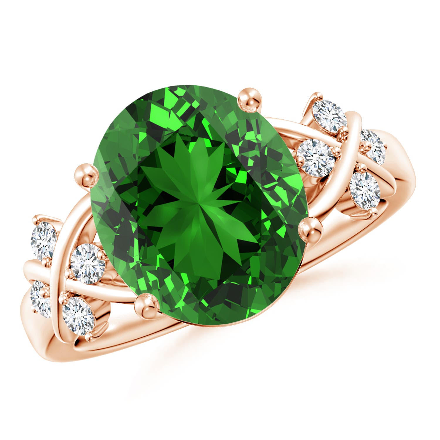12x10mm Labgrown Lab-Grown Solitaire Oval Emerald Criss Cross Ring with Diamonds in Rose Gold
