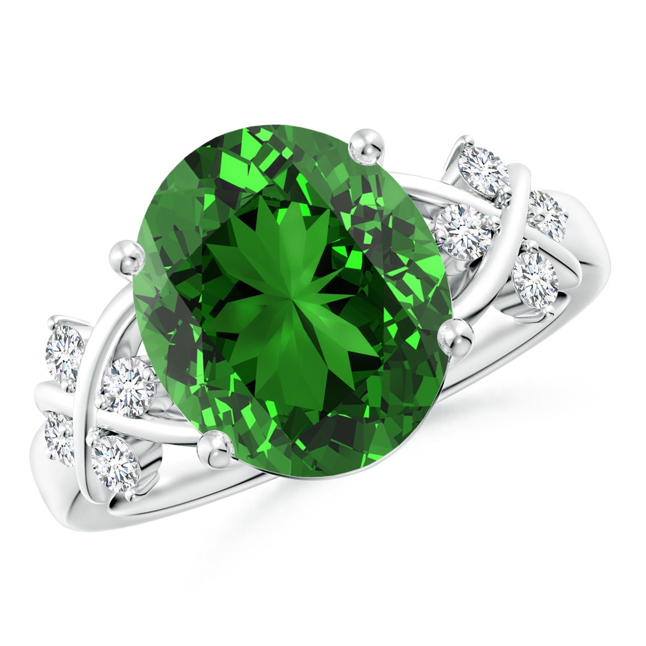 12x10mm Labgrown Lab-Grown Solitaire Oval Emerald Criss Cross Ring with Diamonds in White Gold 