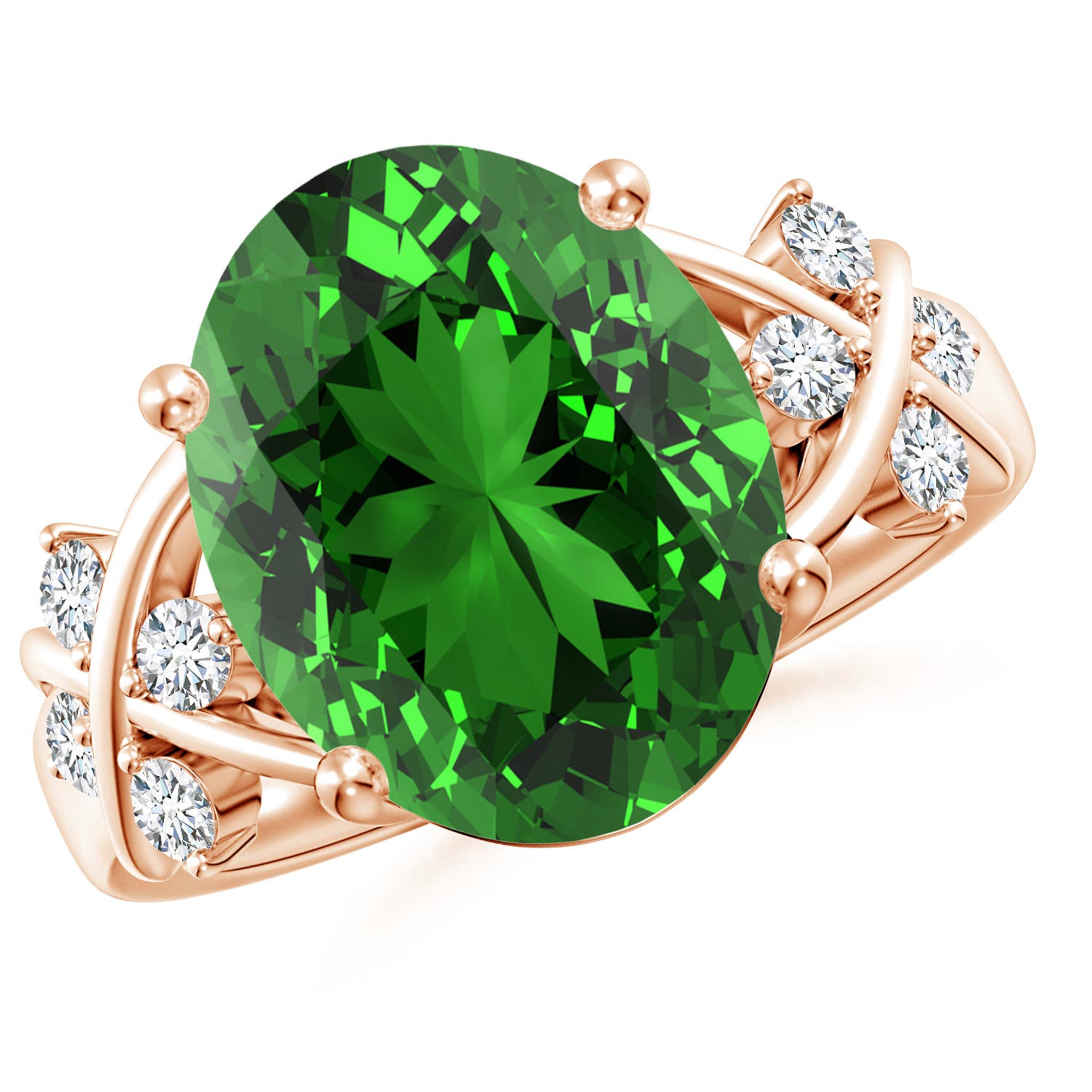 14x10mm Labgrown Lab-Grown Solitaire Oval Emerald Criss Cross Ring with Diamonds in Rose Gold