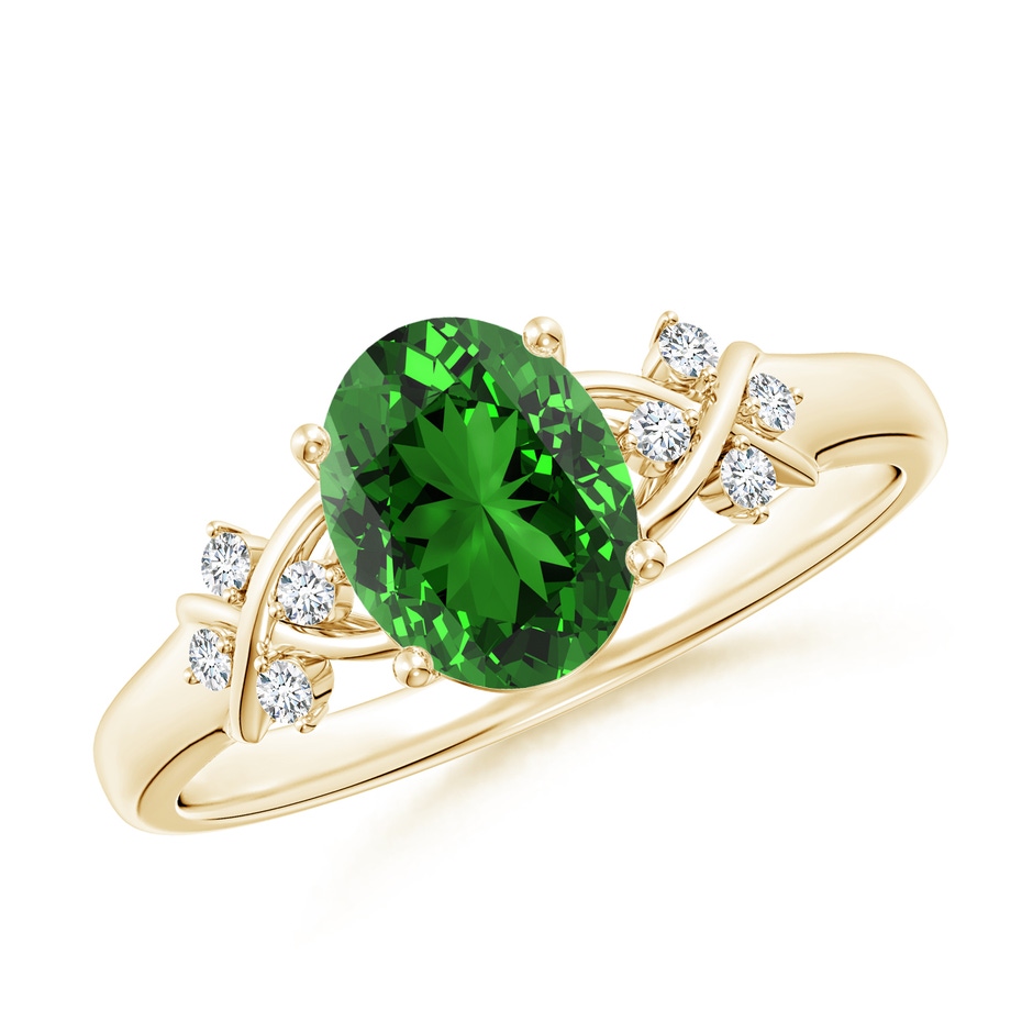 8x6mm Labgrown Lab-Grown Solitaire Oval Emerald Criss Cross Ring with Diamonds in Yellow Gold 