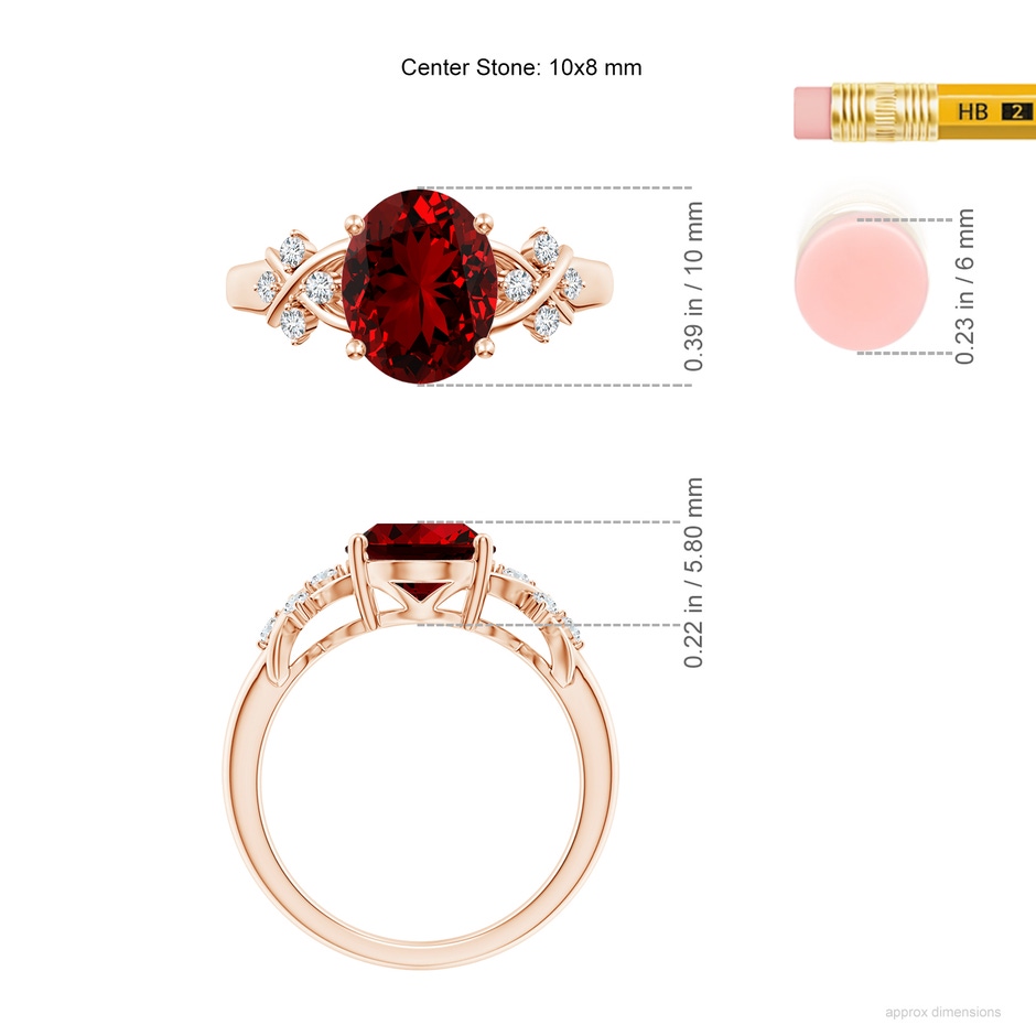 10x8mm Labgrown Lab-Grown Solitaire Oval Ruby Criss Cross Ring with Lab Diamonds in Rose Gold ruler